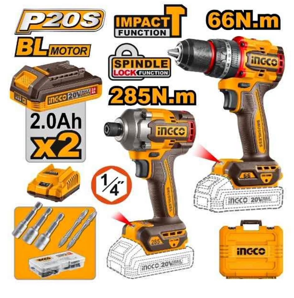 NEW!!! Drill and driver combo with hammer mode ingco 20v impact brushless driver 2 x 2ah batteries