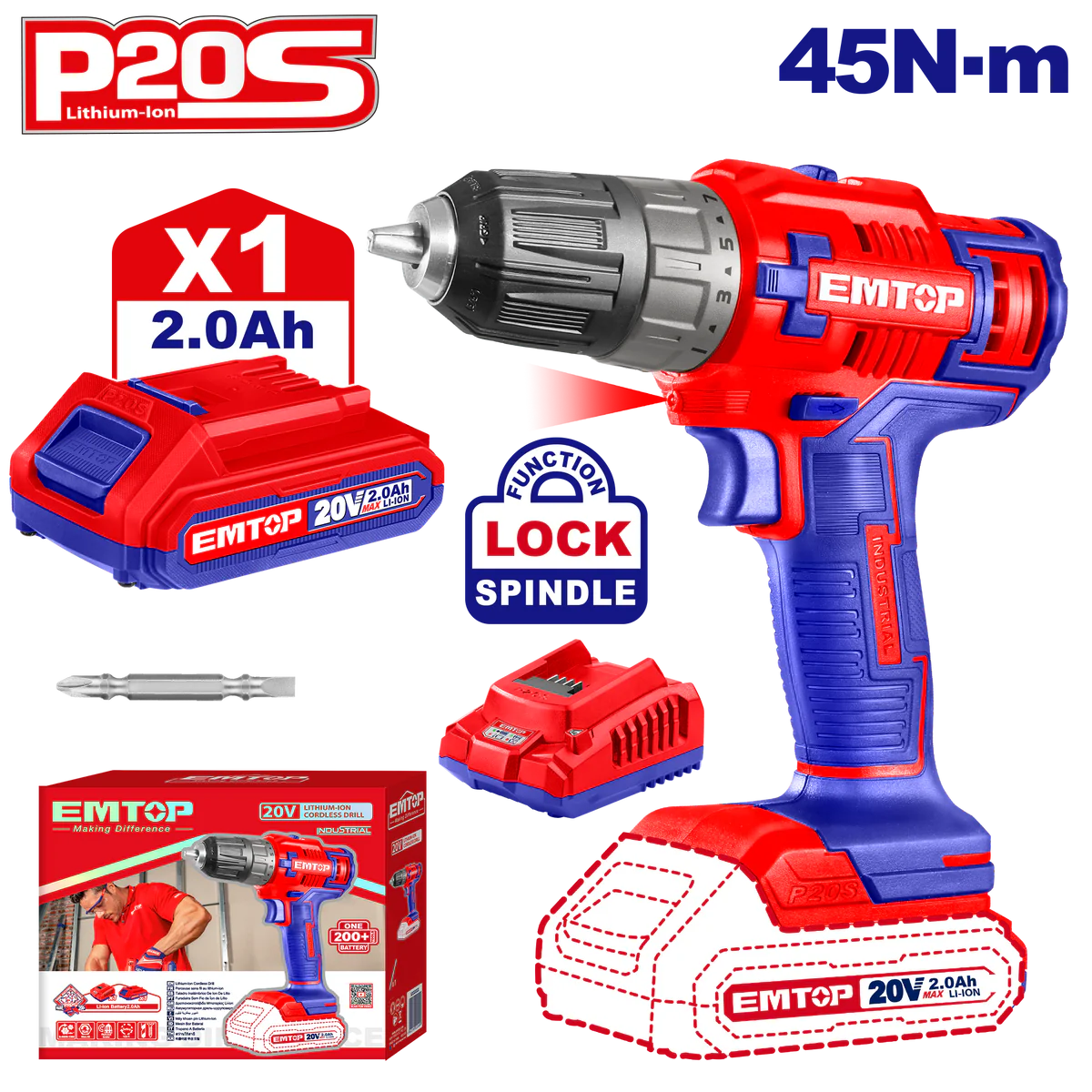 Emtop 20V cordless drill 3/8 plastic chuck with 2ah battery and charger