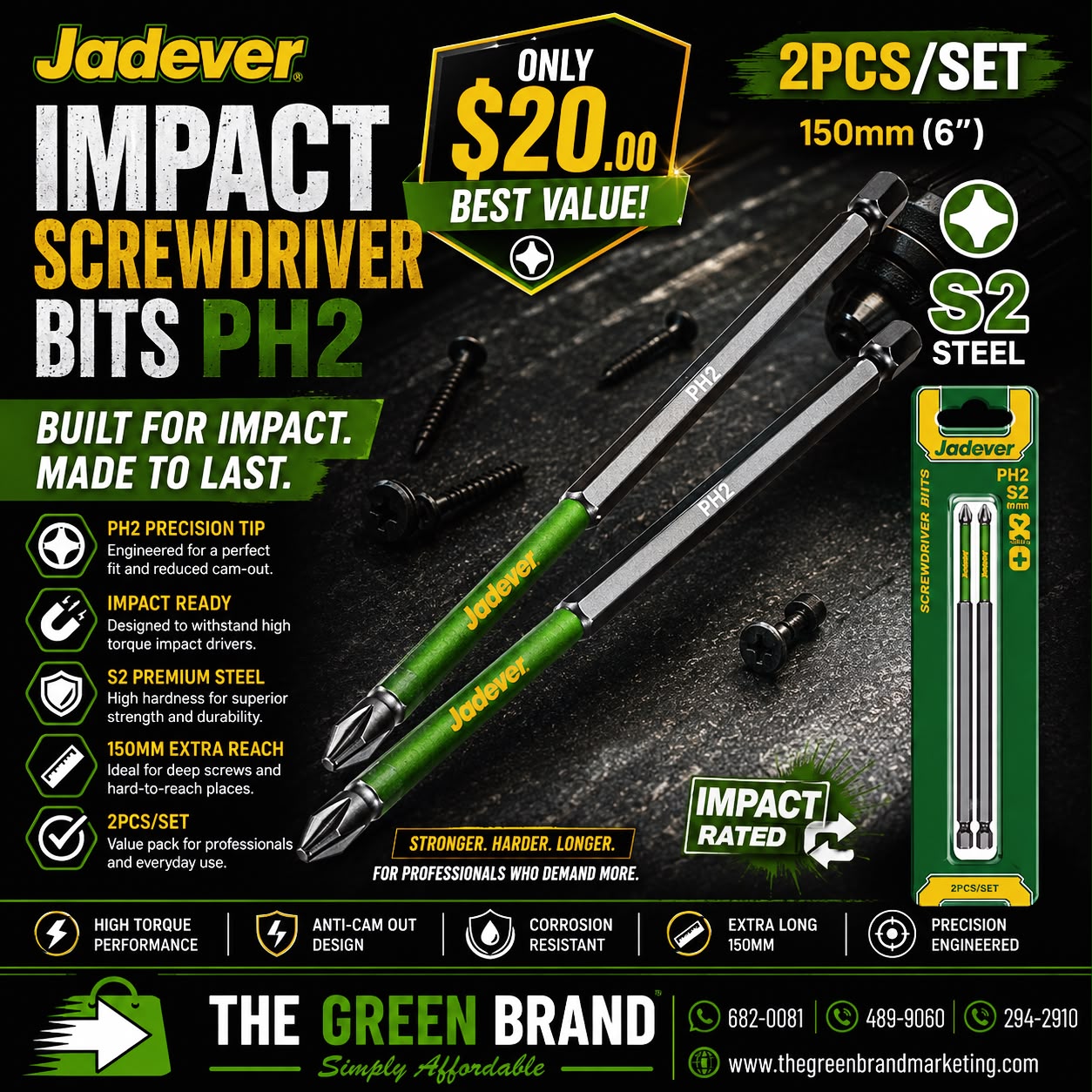 Jadever 2 Piece 6 inch ph2 impact bit