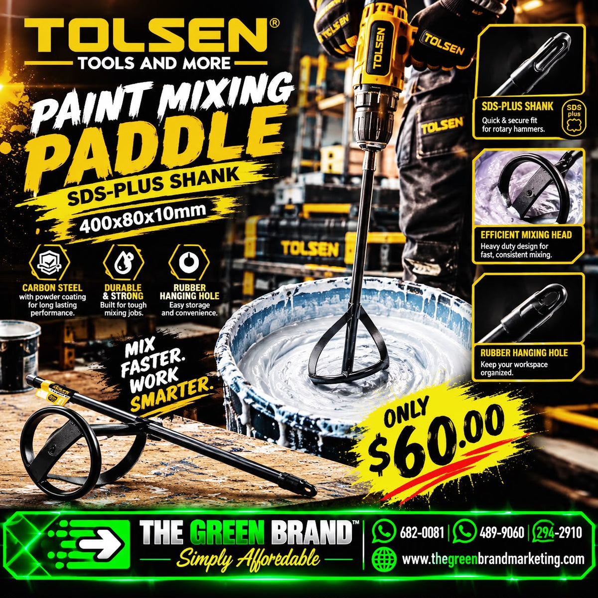 TOLSEN PAINT MIXER (SDS-PLUS SHANK) 400 x 80x 10mm