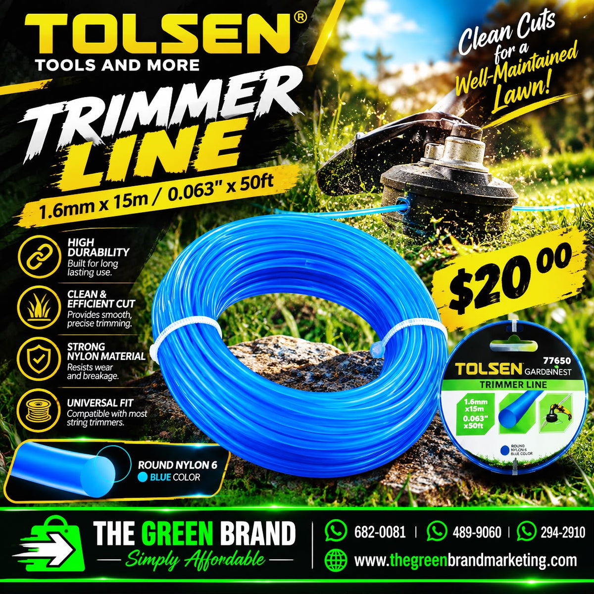 Tolsen trimmer line round 1.6mm 15m blue nylon 6