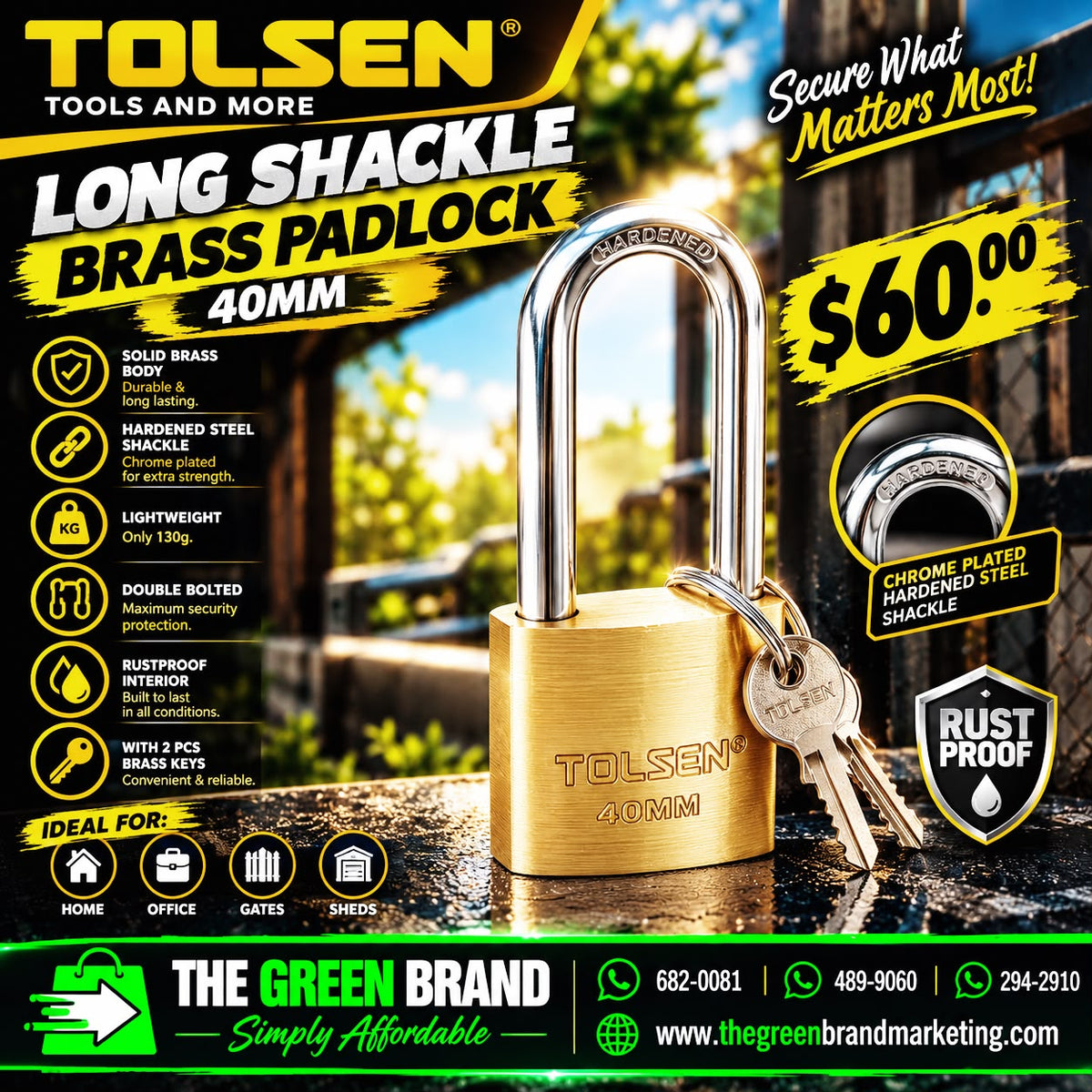 BRASS PADLOCK WITH LONG SHACKLE 40MM