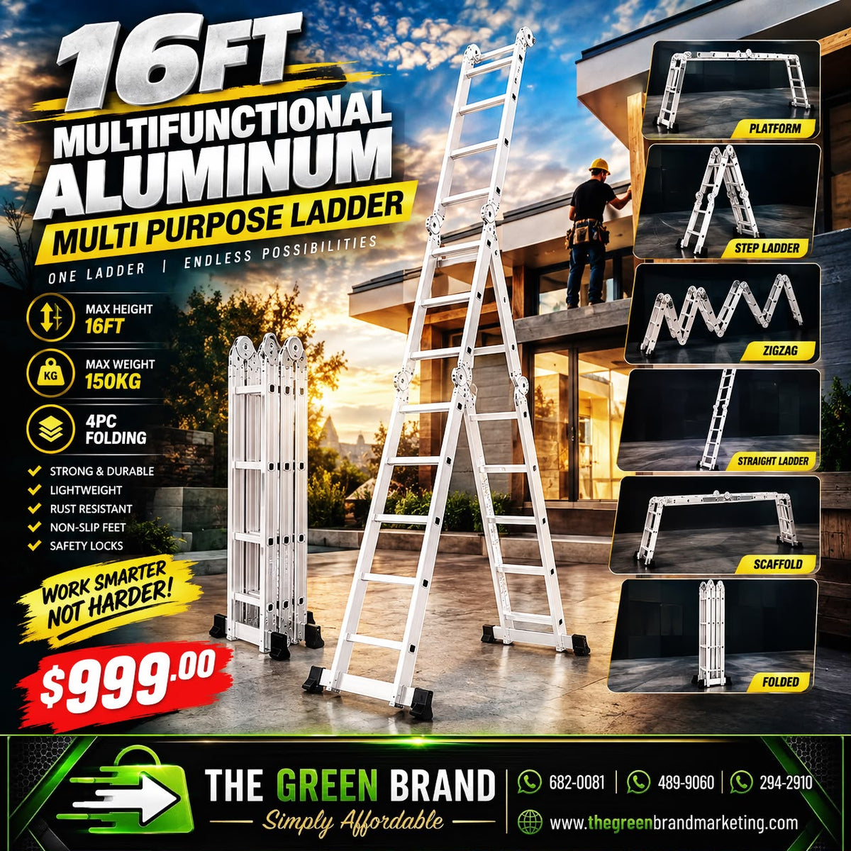 16FT Multifunctional Aluminum Multi Purpose Ladder