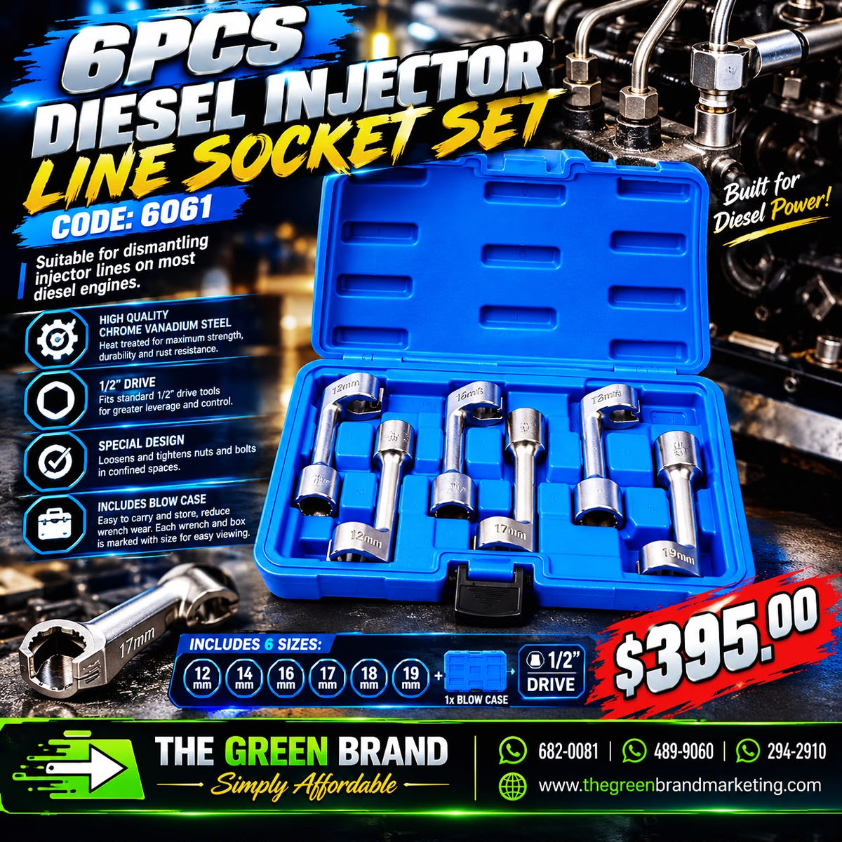 6061- 6Pcs Diesel Injector Line Socket Set