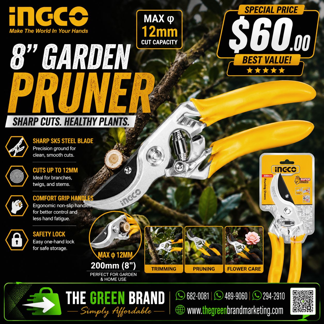 Ingco 8 inch Garden Pruner 1/2 inch