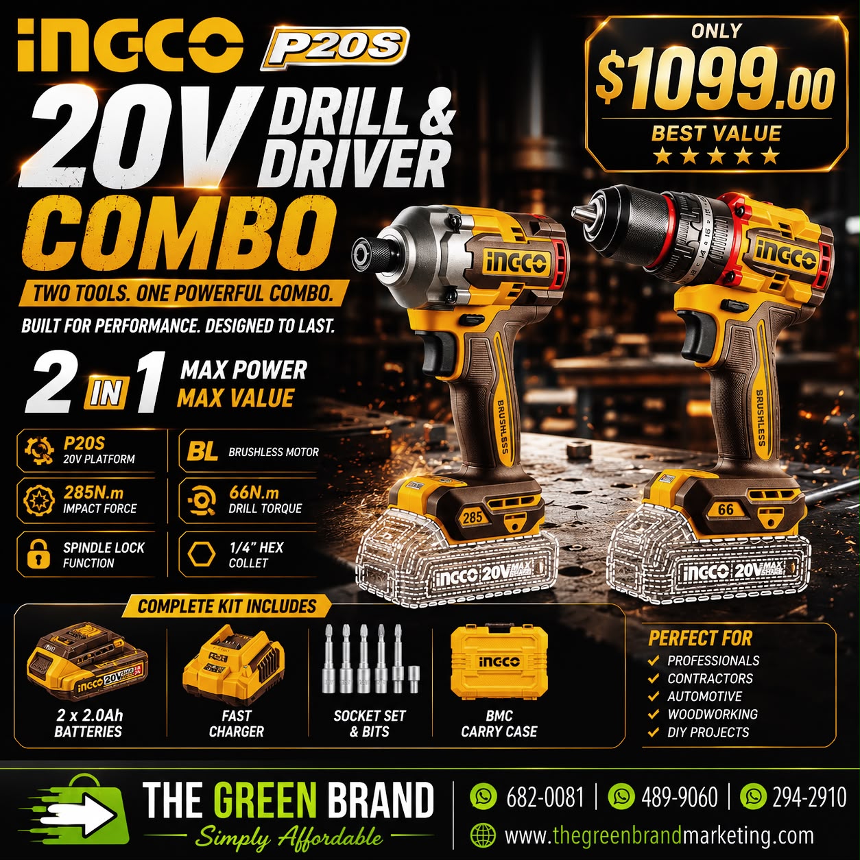 NEW!!! Drill and driver combo with hammer mode ingco 20v impact brushless driver 2 x 2ah batteries