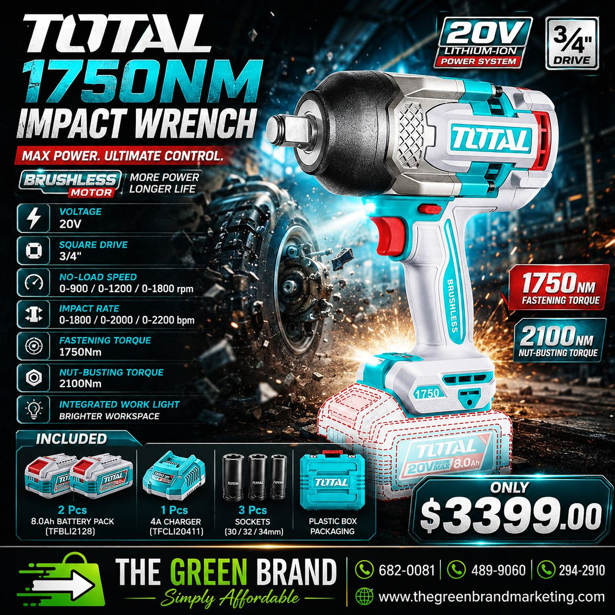 Total 1750nm impact wrench 3/4" with 2 x 8ah batteries