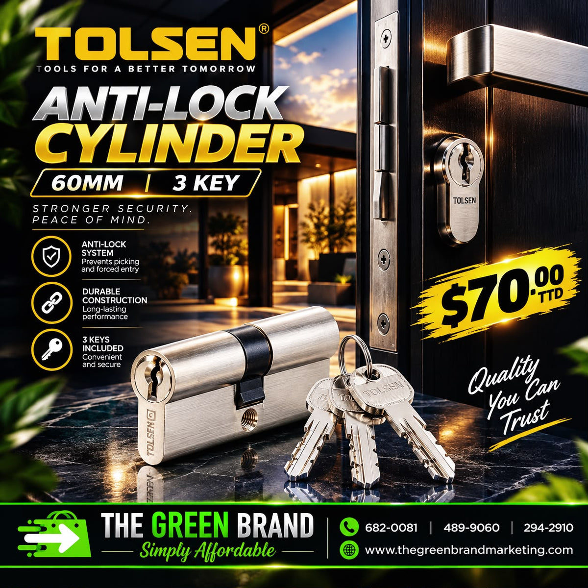Tolsen lock cylinder 60mm 3 key