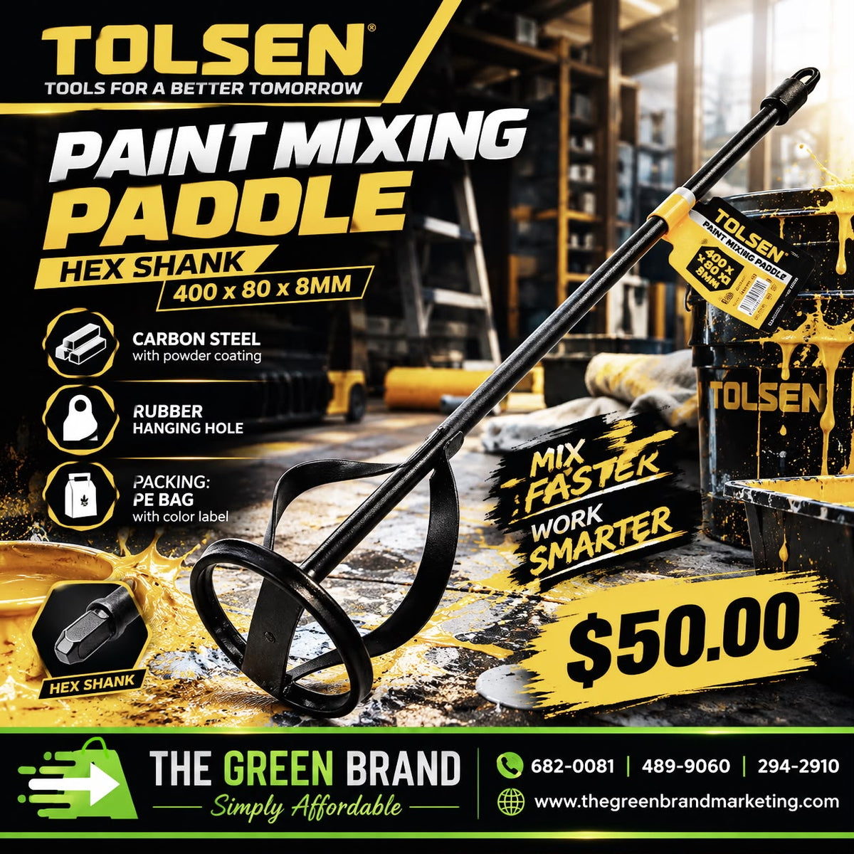 TOLSEN PAINT MIXER 400 X 80 X 8MM (HEX SHANK)