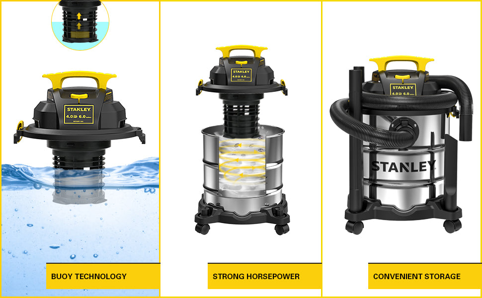 Stanley SL18116 Wet/Dry Vacuum, 6 Gallon, 4 Horsepower, Stainless Steel Tank, 4.0 HP, Silver+yellow