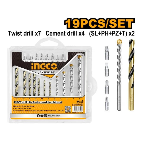 Ingco 19pc drill and screwdriver bit set