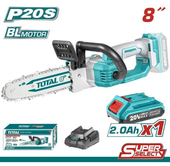 Total 20V chain saw BL Motor with a 2 AH battery and charger