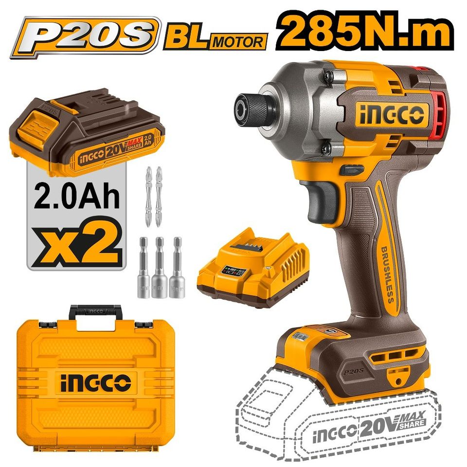 Ingco 20V Crodless Impact Driver Set 285nm with 2ah batteries and charger