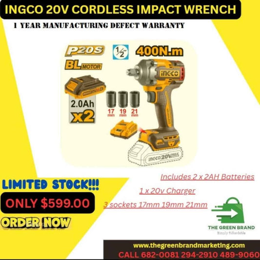 Ingco 400nm impact wrench with 2 x 2ah batteries and charger