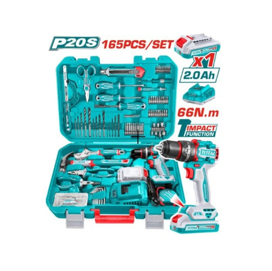 TOTAL 165 Pcs Tool Set with 20V Cordless Impact Drill