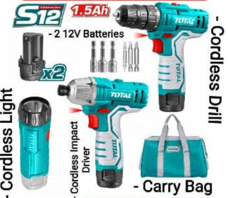 Total 12V cordless  impact driver , drill  and light combo