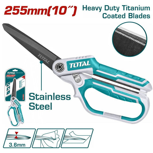 TOTAL Rubber grip long-blade heavy duty scissors 10"