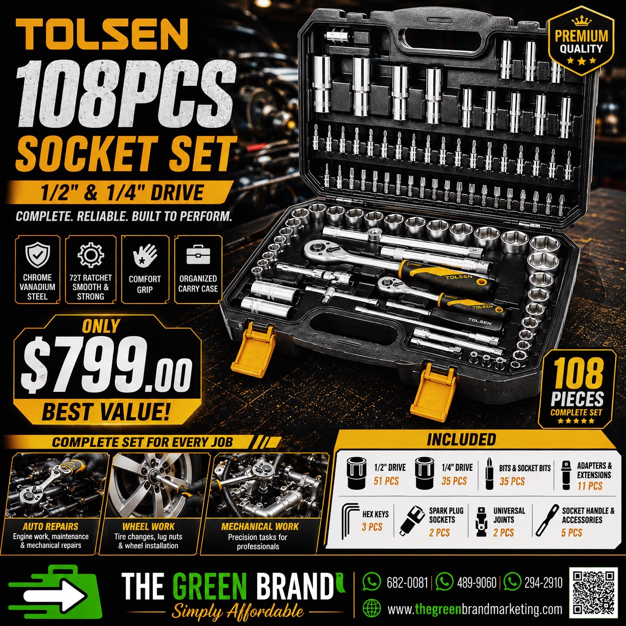 Tolsen Tool Kit 1/4" / 1/2" 108 Pieces