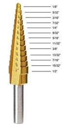 1/4-inch hex base step bit 1/8-1/2 with 13 steps