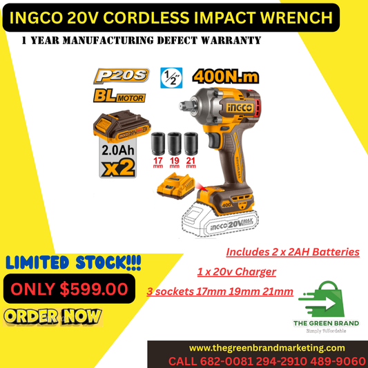Ingco 400nm impact wrench with 2 x 2ah batteries and charger