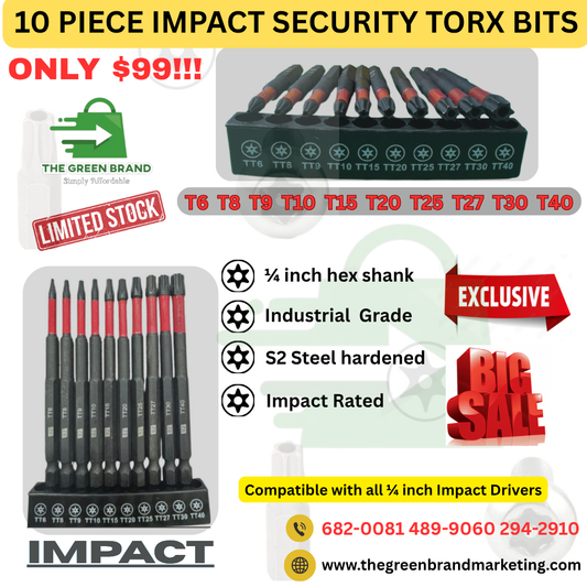 Industrial grade 10 piece hex shank magnetic Impact Torx security bits