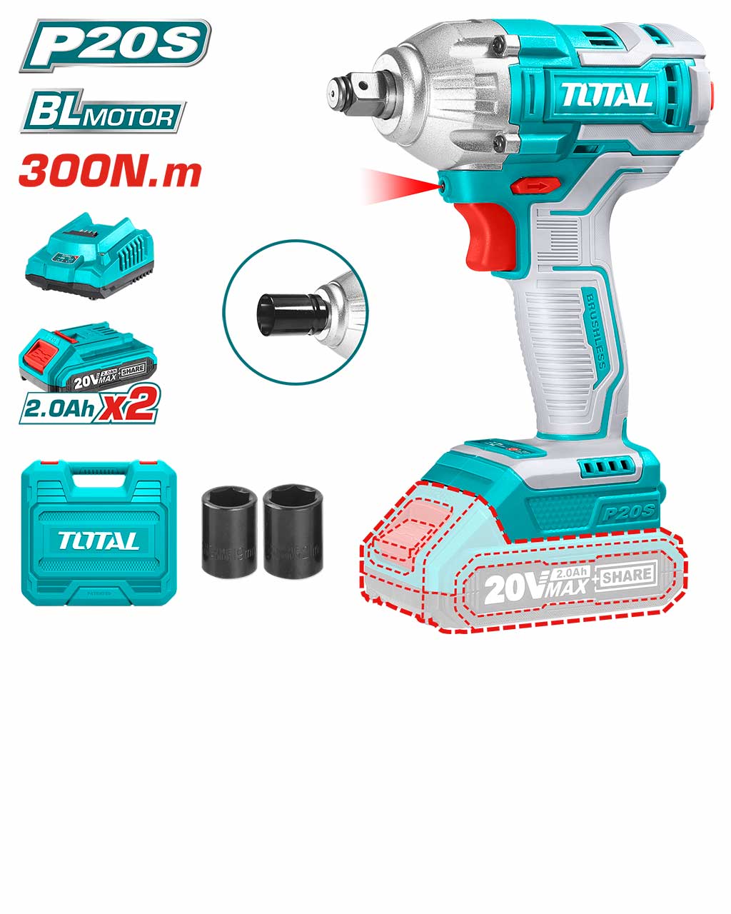 Total 300Nm 20V cordless Impact Wrench