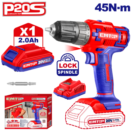 Emtop 20V cordless drill 3/8 plastic chuck with 2ah battery and charger