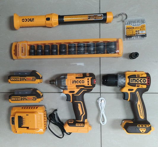 ingco drill , wrench and LED light