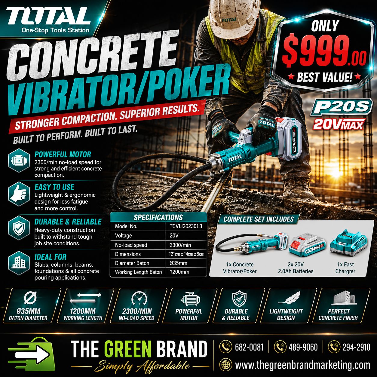 Total 20V Concrete Vibrator with 2ah battery and charger