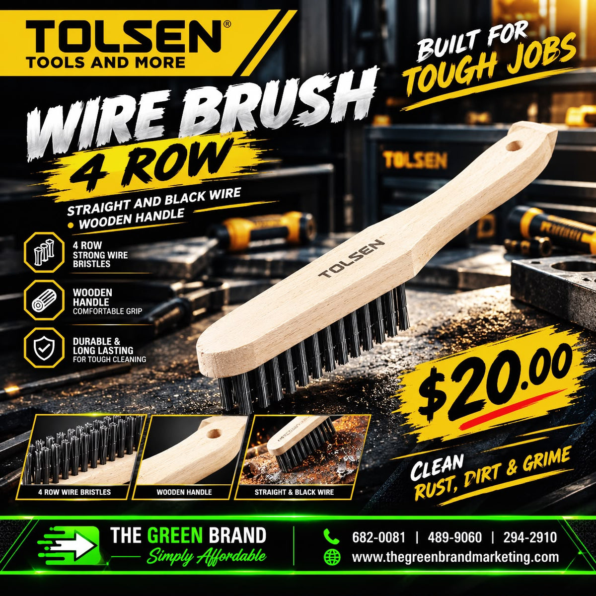 Tolsen wire brush 4 row wooden handle