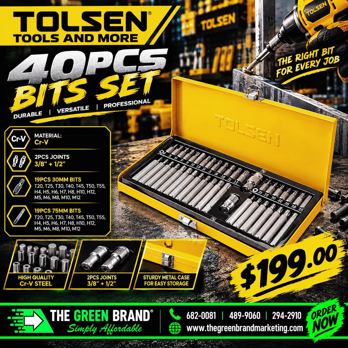 Tolsen Tools 40 pcs Socket Bits Set Torx Hex and Triple square spline(3/8 inch)
