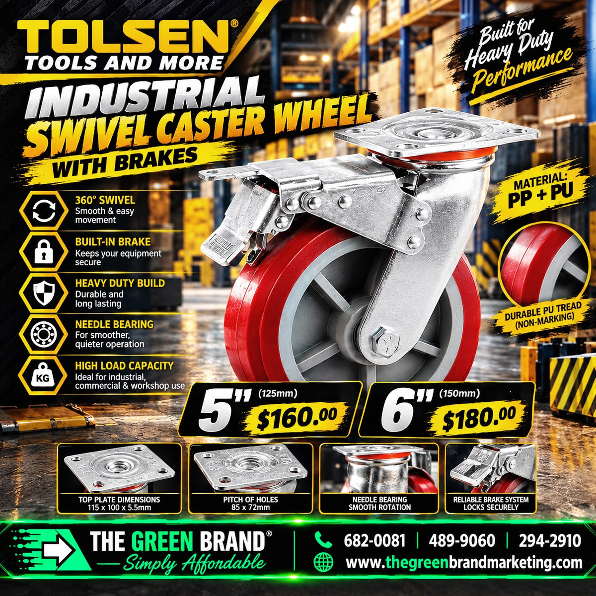 Tolsen Industrial Swivel caster with brake  pp+pu