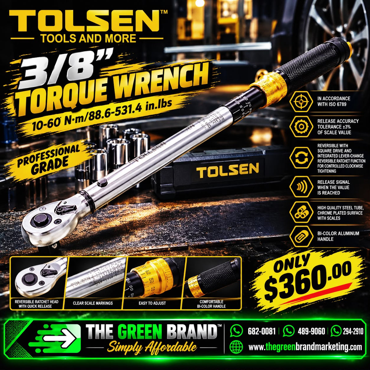 Tolsen Torque wrench 3/8 inch 10 - 60nm 88.6 - 531.4 in/ lbs 19663