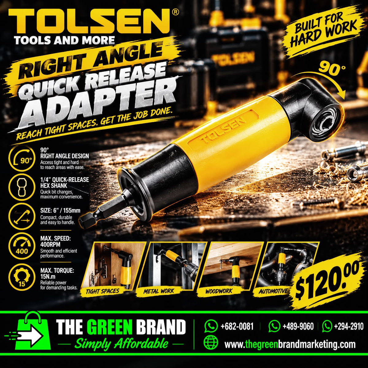 Tolsen Right drill 90 degree 1,4 inch quick release