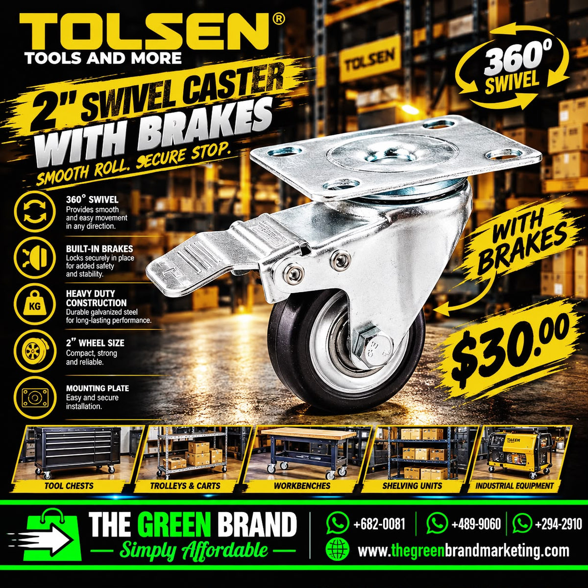 Tolsen swivel caster with brake pp pvc 2 inch