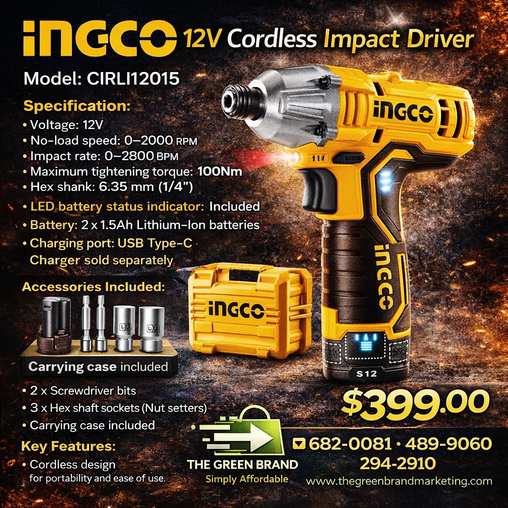 Ingco 12V Cordless impact driver with 2 batteries