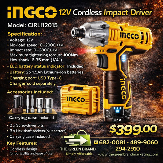 Ingco 12V Cordless impact driver with 2 batteries