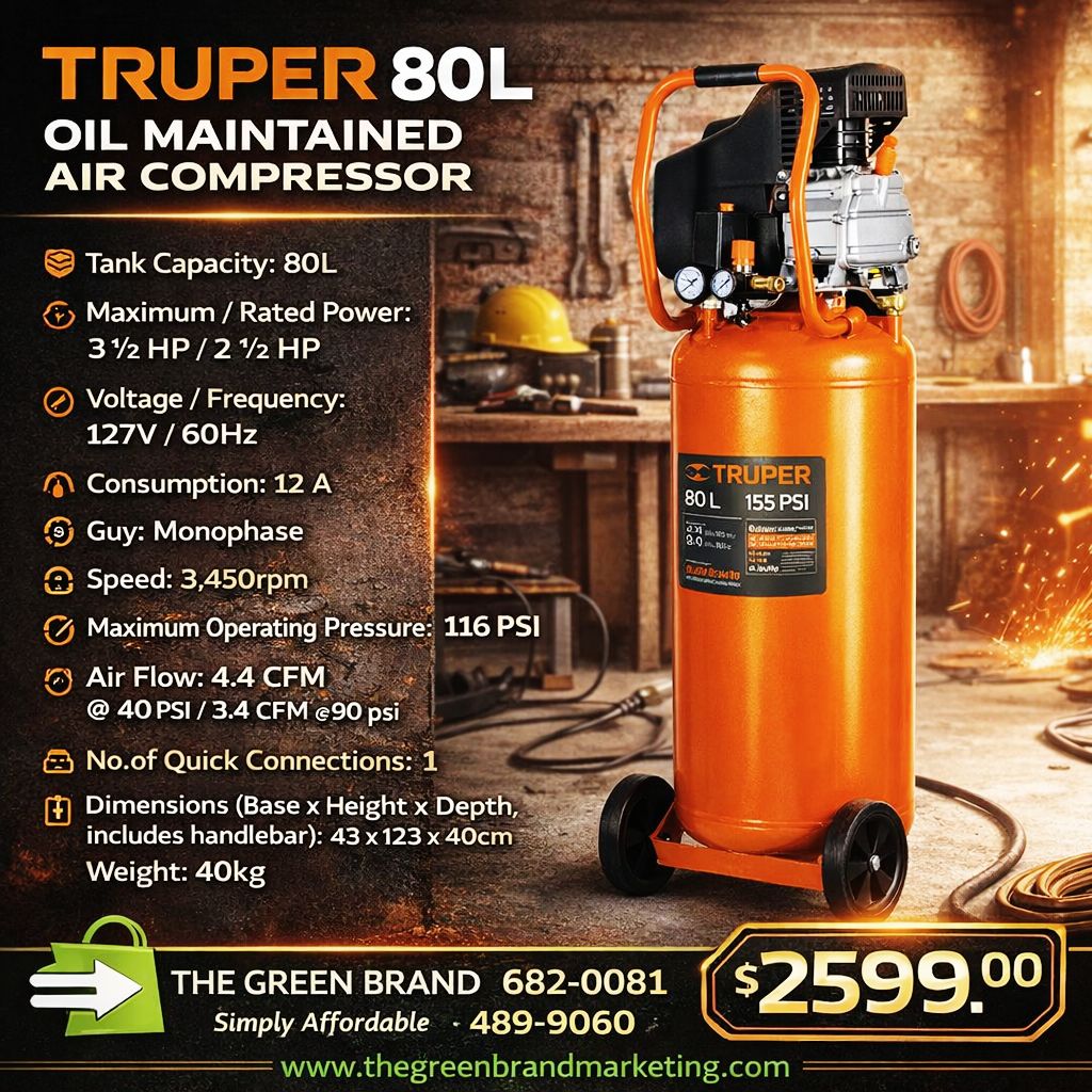 Truper 80L oil maintained air compressor