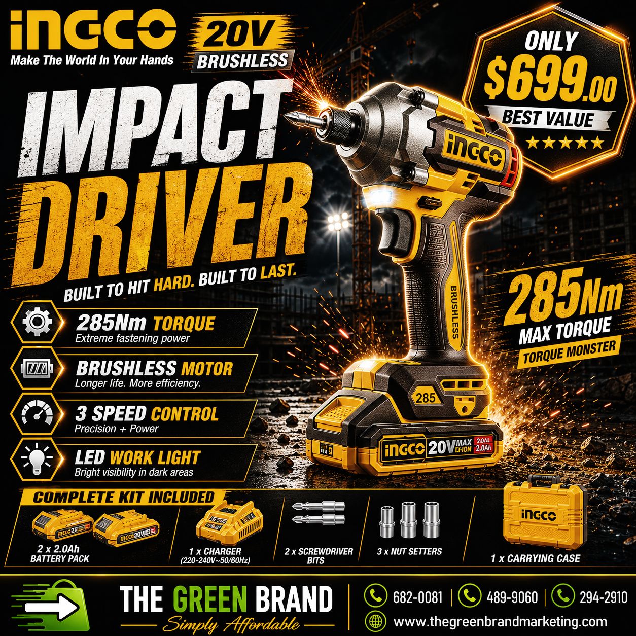 Ingco 20V Cordless Impact Driver Set 285nm with 2 x 2ah batteries and charger