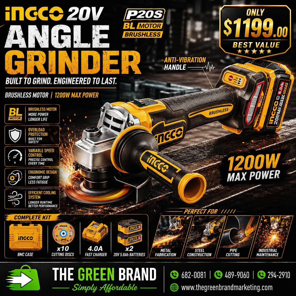 Ingco cordless grinder with 2 x 5ah batteries and charger