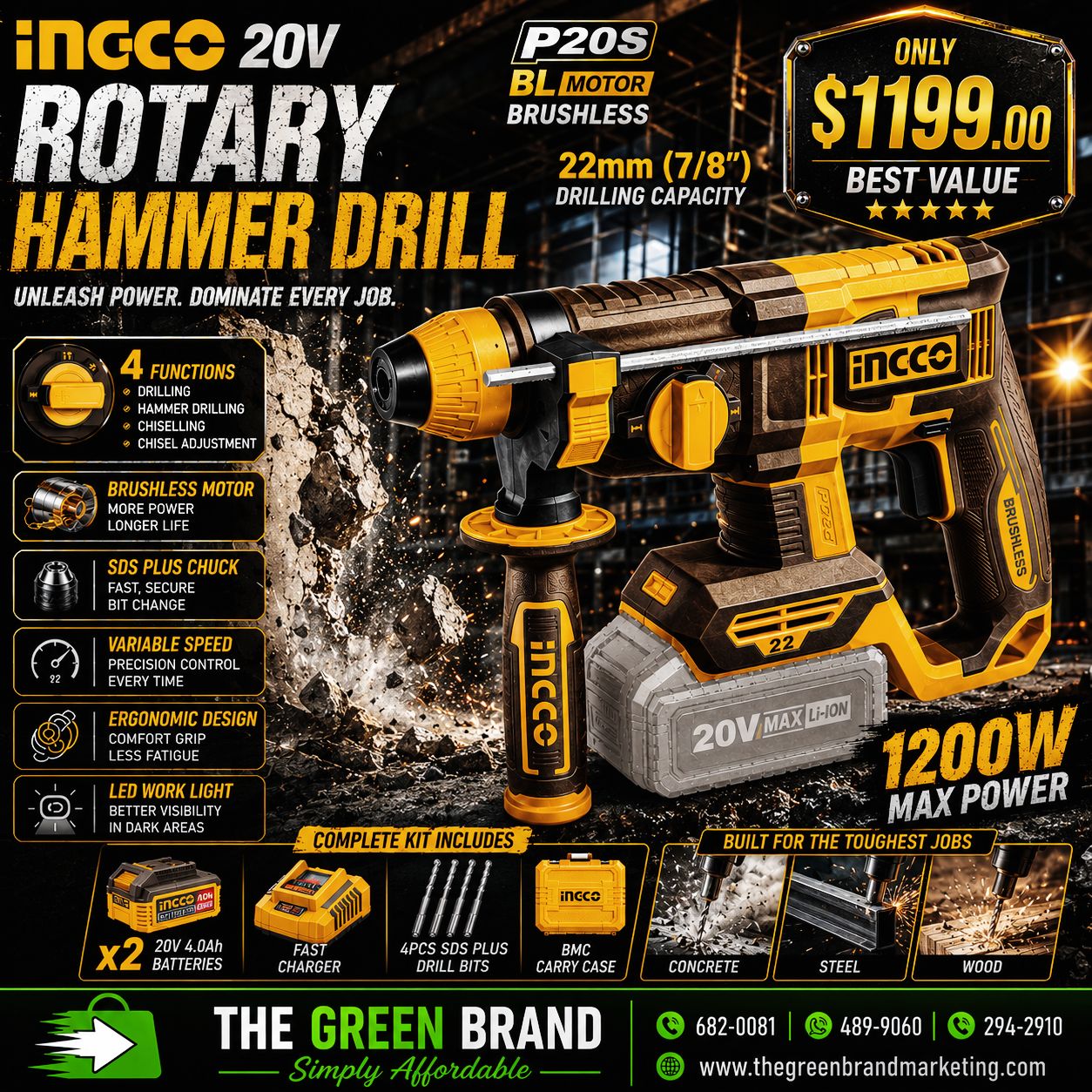 Ingco Rotary hammer 20v brushless with 2 x 4ah batteries