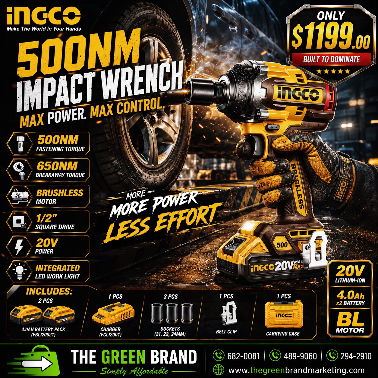 Ingco 20v 500nm cordless wrench with 2 x 4ah batteries