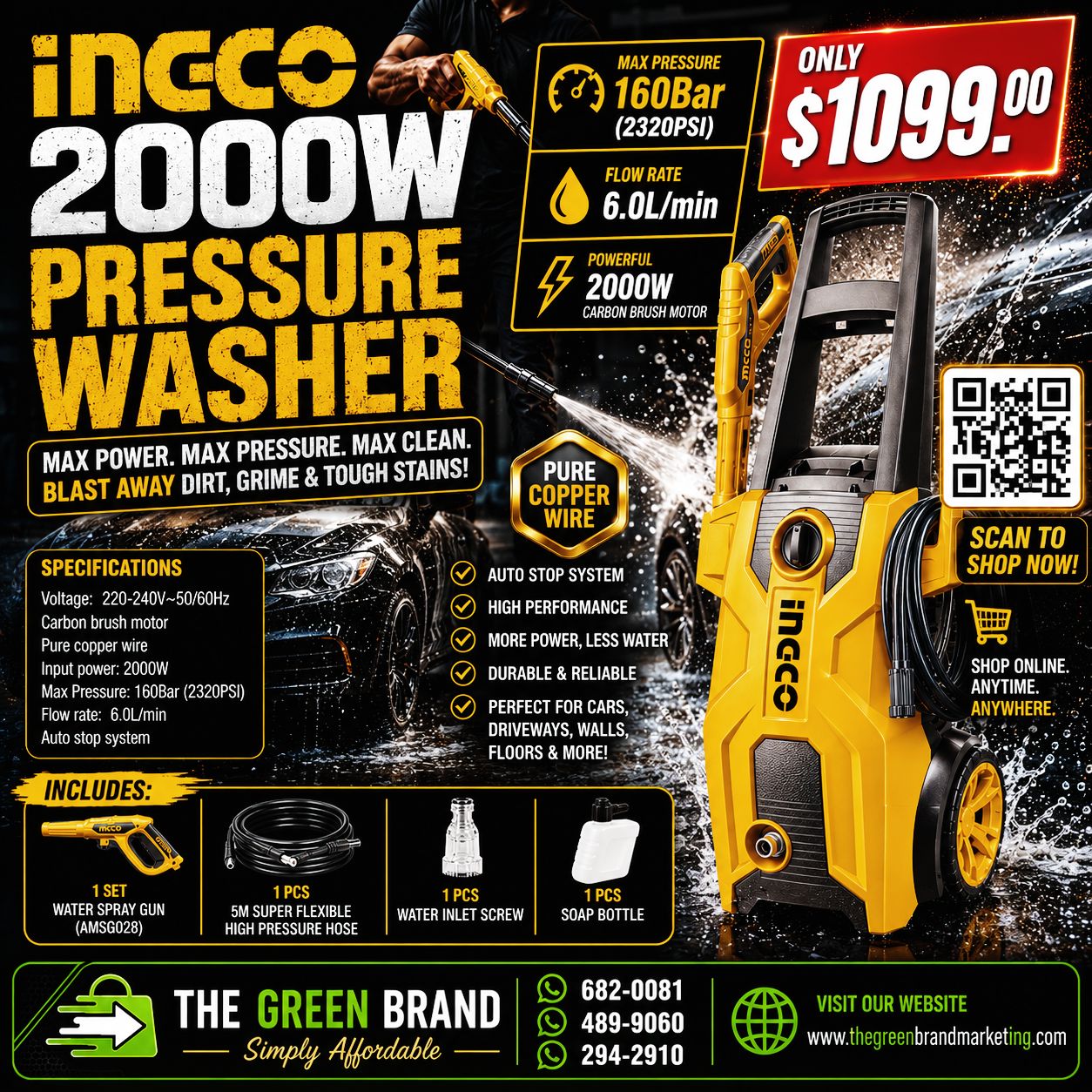 Ingco 2000w 2320psi electric pressure washer with free connector