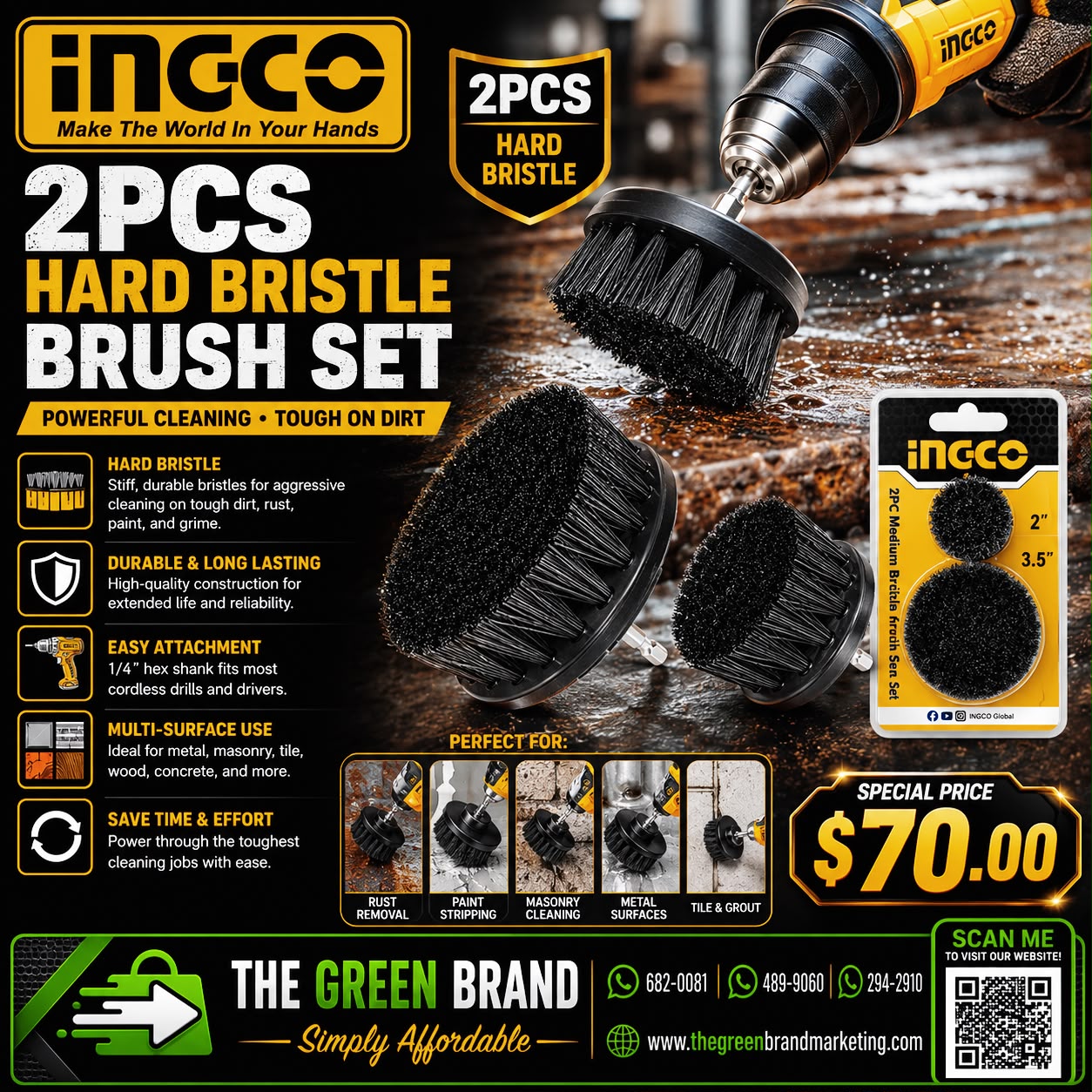 INGCO 2PCS HARD BRISTLE BRUSH CLEANING SET WCBH1235
