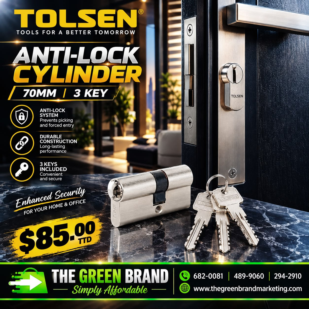 Tolsen lock cylinder 70mm 3 key