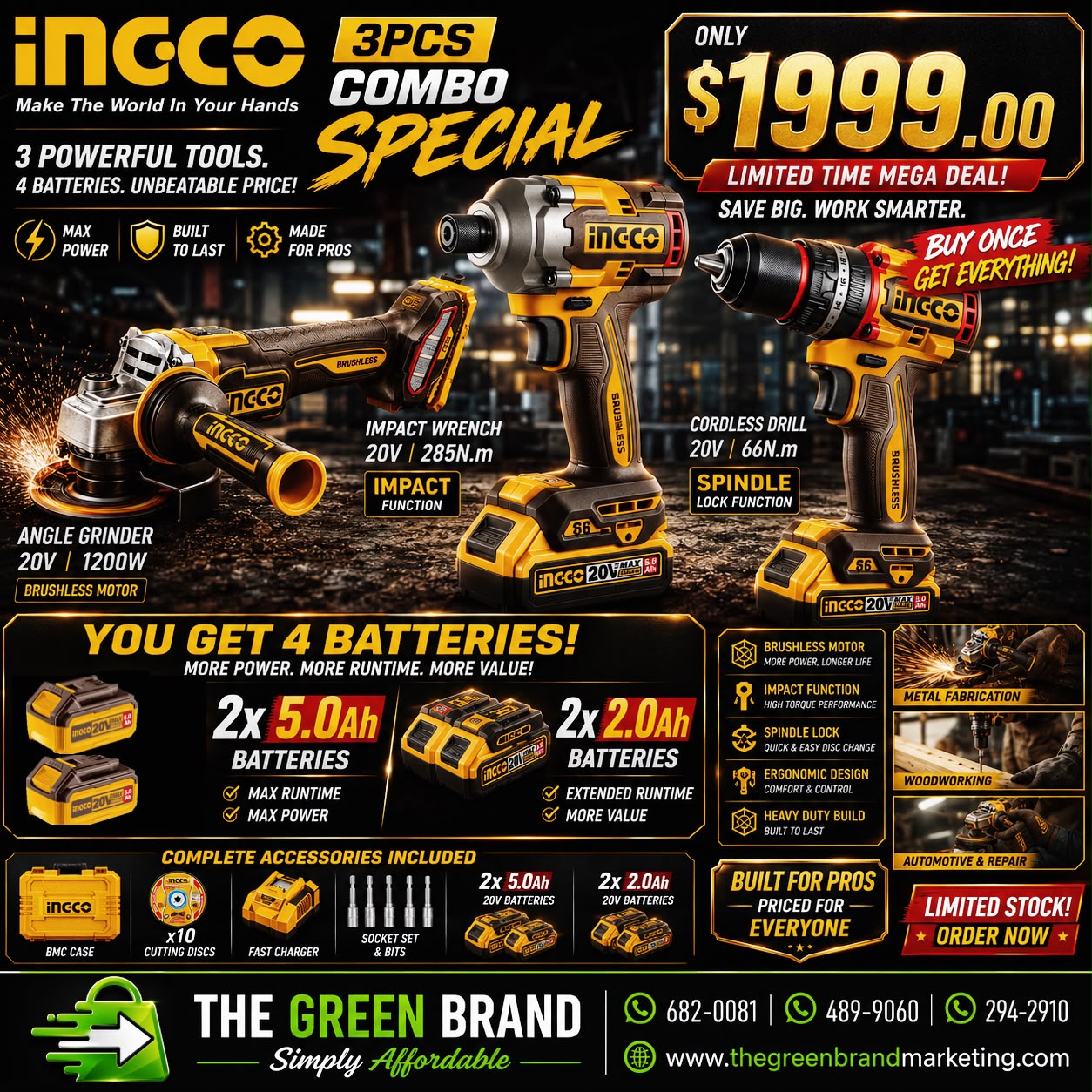 Ingco 3pc Combo 20V Drill driver and angle grinder