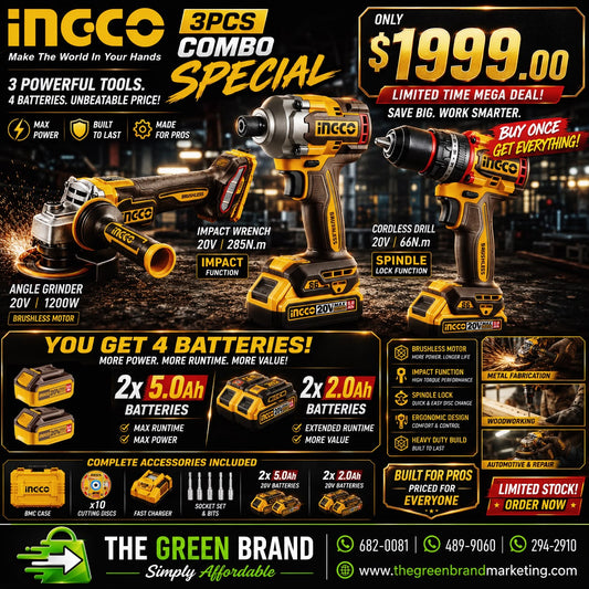 Ingco 3pc Combo 20V Drill driver and angle grinder