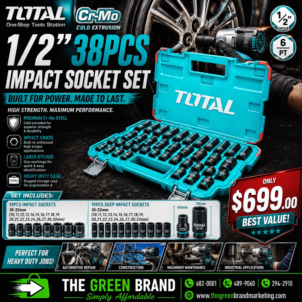 Total  38pc Impact socket socket 1/2" (short/long)