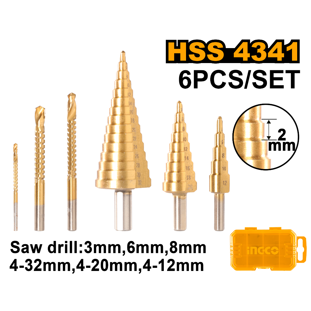 Ingco 3 piece step drill bit with 3 pc saw drill