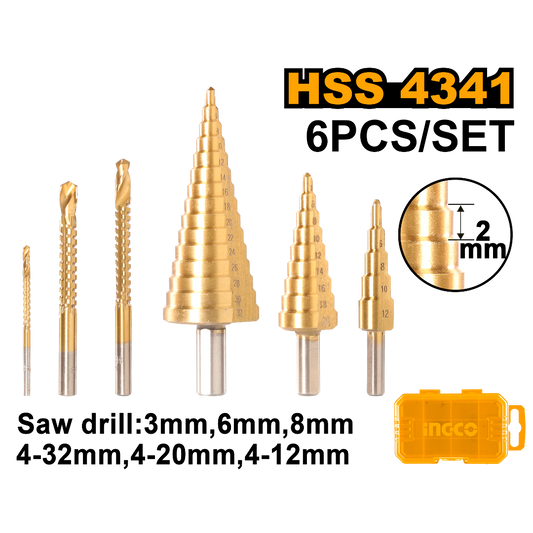 Ingco 3 piece step drill bit with 3 pc saw drill